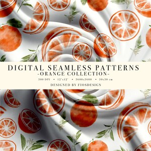 Könnte beinhalten: Ein nahtloses digitales Muster mit Aquarell-Orangenscheiben auf weißem Hintergrund. Das Muster ist für die Verwendung in digitalen Projekten konzipiert und hat eine Auflösung von 300 DPI, 12 Zoll mal 12 Zoll, 3600 Pixel mal 3600 Pixel und 30 cm mal 30 cm. Das Muster wurde von Fiosdesign entworfen.