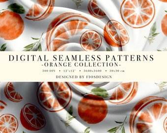 May include: A seamless digital pattern featuring watercolor orange slices on a white background. The pattern is designed for use in digital projects and is 300 DPI, 12 inches by 12 inches, 3600 pixels by 3600 pixels, and 30 cm by 30 cm. The pattern is designed by Fiosdesign.