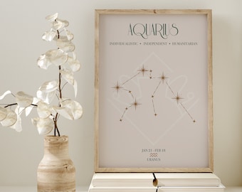 May include: A framed print with a light pink background featuring the Aquarius zodiac constellation in gold. The text "Aquarius" is in a green font at the top of the print. Below the constellation, the text "Jan 21 - Feb 18" and "Uranus" are in a green font.
