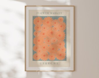Lámina del mercado de flores de Utrecht, póster del mercado de tulipanes holandés, decoración de pared para pasillo, regalo de despedida, arte de pared vertical, ilustración botánica