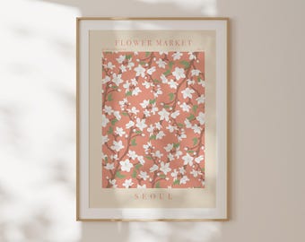Lámina del mercado de flores de Seúl, póster botánico de viaje vintage, decoración para el hogar y la oficina, regalo de graduación, arte de pared vertical, ilustración botánica.