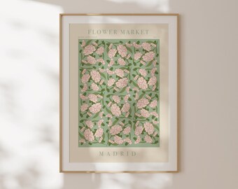 Lámina del mercado de flores de Madrid, póster botánico mediterráneo, decoración de pared para dormitorio, idea de regalo de boda, arte de pared vertical, ilustración botánica