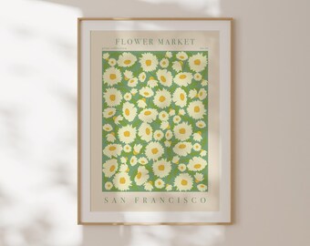 Lámina del mercado de flores de San Francisco, póster botánico moderno de la ciudad, arte para la sala de estar, regalo de aniversario, arte de pared vertical, lámina de póster de viaje.