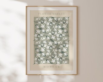Lámina del mercado de flores de Mostar, póster botánico de viaje vintage, decoración para el salón, regalo de aniversario, póster de pared grande, ilustración botánica
