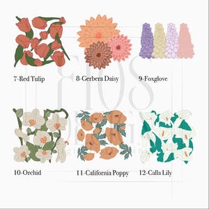 May include: A selection of floral illustrations featuring red tulips, gerbera daisies, foxgloves, orchids, California poppies, and calla lilies. Each flower is presented in a stylized design, with the name of each flower below it.