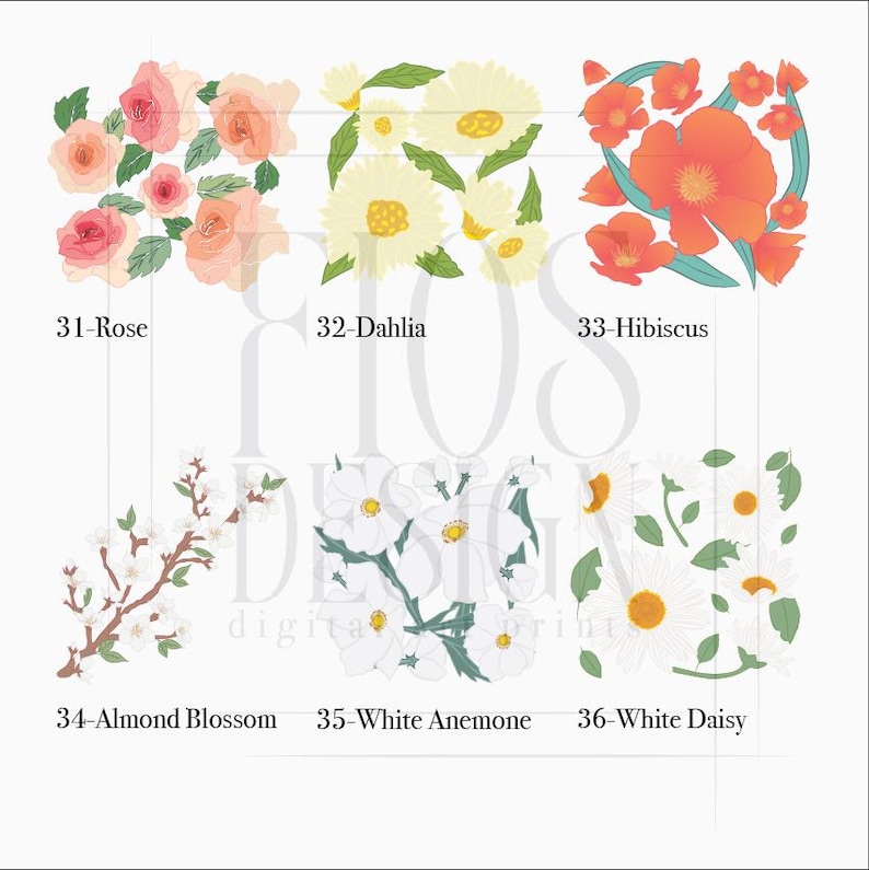May include: Six floral illustrations featuring various flower types. The designs include roses, dahlias, hibiscus, almond blossom, white anemone, and white daisy. Each illustration is labelled with a number and flower name.