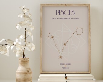 May include: A framed print with a light pink background featuring the Pisces zodiac sign. The constellation is depicted with gold stars and a white outline. The text "Pisces" is in a gold font with the words "Loyal, Compassionate, Creative" in a smaller purple font below. The dates "Feb 19 - Mar 20" and the symbol for Neptune are at the bottom of the print.