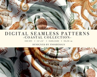 May include: Seamless digital pattern featuring watercolor illustrations of sea life, including dolphins, seahorses, sea turtles, and an octopus. The pattern is on a white background and includes coral, seaweed, and seashells.