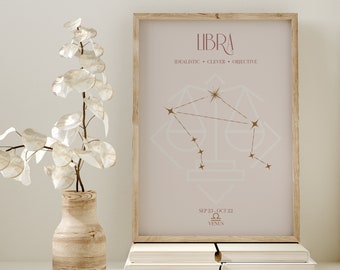 May include: A framed print with a light pink background featuring the Libra zodiac sign. The sign is depicted as a constellation with gold stars and a white outline of a scale. The text "LIBRA" is in brown lettering at the top of the print, and the text "IDEALISTIC • CLEVER • OBJECTIVE" is in pink lettering below the sign. The text "SEP 23 - OCT 22" and "VENUS" are in brown lettering at the bottom of the print.