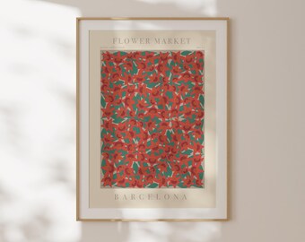 Lámina del mercado de flores de Barcelona, ​​póster botánico mediterráneo, decoración para el comedor, regalo para un nuevo hogar, póster de pared A2, ilustración botánica