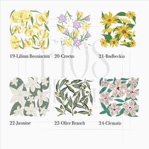 May include: Six floral illustrations featuring Lilium Bosniacum, Crocus, Rudbeckia, Jasmine, Olive Branch, and Clematis. Each design is labelled with its name and a number.