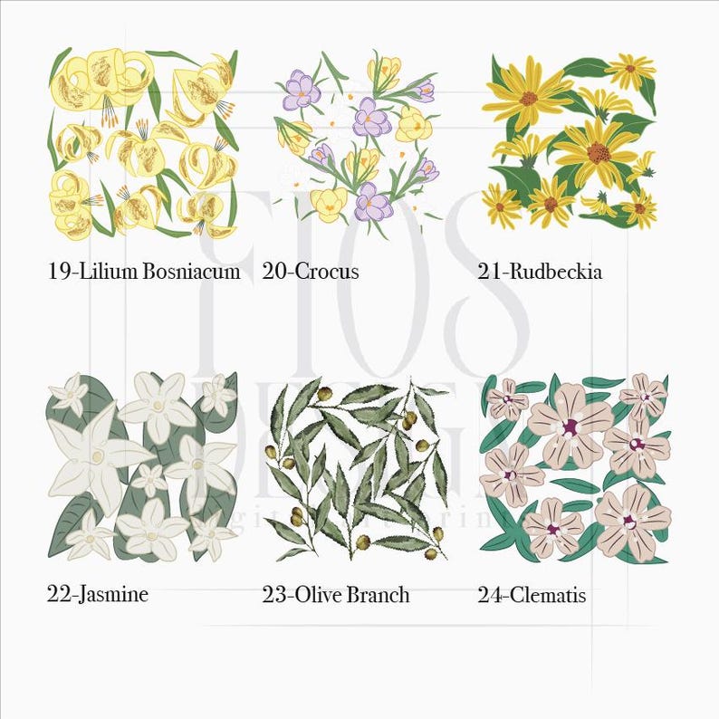 May include: Six floral illustrations featuring Lilium Bosniacum, Crocus, Rudbeckia, Jasmine, Olive Branch, and Clematis. Each design is labelled with its name and a number.