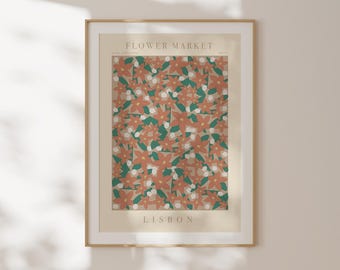 Lámina del mercado de flores de Lisboa, póster botánico mediterráneo, decoración para el salón, regalo de aniversario, lámina mate, ilustración botánica.