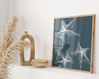 May include: A framed print of three white starfish on a dark blue background. The starfish are arranged in a layered, overlapping pattern.