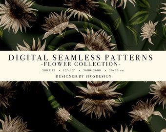 May include: A seamless pattern featuring white sunflowers on a dark green background. The pattern is designed for digital use and is available in various sizes. The text "DIGITAL SEAMLESS PATTERNS -FLOWER COLLECTION- 300 DPI  12'x12'  3600x3600  30x30 cm DESIGNED BY FIOSDESIGN" is displayed at the bottom of the image.