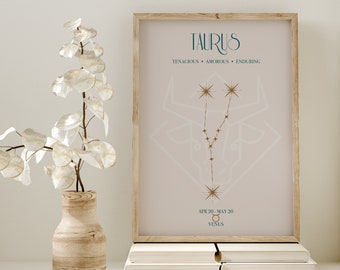 May include: A printable poster with a light pink background featuring the Taurus zodiac sign. The constellation is depicted in gold with a white outline. The text "TAURUS" is in teal green, and the dates "APR 20 - MAY 20" and "VENUS" are in teal green below the constellation.