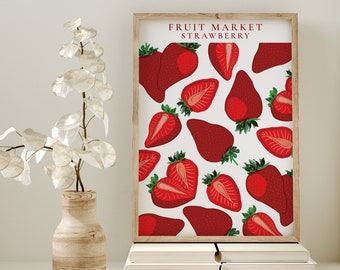 Strawberry Fruit Market Printable, Retro Kitchen Poster, Kitchen Gallery Wall, Birthday Gift Idea, Digital Wall Art, Instant Download Art