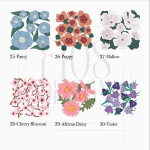 May include: Six floral illustrations are displayed, featuring pansies, poppies, mallows, cherry blossoms, African daisies, and violets. Each design is labelled with a number and the flower's name.