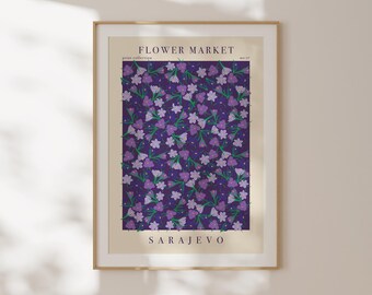 Lámina del mercado de flores de Sarajevo, póster botánico de viaje vintage, decoración de pared para pasillo, regalo de despedida, lámina A3, ilustración botánica