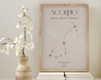 May include: A printable poster with a beige background featuring the constellation Scorpio in gold with the text "Scorpio, Thrilling, Brilliant, Irresistible, Oct 23 - Nov 21, Pluto" in black and gold.