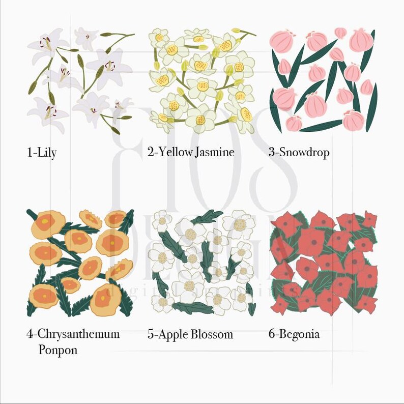 May include: A square illustration showcasing six floral arrangements. The arrangements include lilies, yellow jasmine, snowdrops, chrysanthemum ponpons, apple blossoms, and begonias. Each arrangement is labelled with a number and flower name.