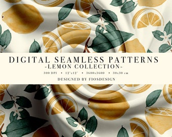 May include: A seamless pattern featuring lemons and white flowers on a white background. The lemons are in various stages of ripeness, with some whole and some sliced. The pattern is perfect for creating a fresh and summery look.