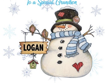 May include: A snowman with a blue and white striped scarf and a red heart on its chest. The snowman is holding a sign that says "LOGAN" and there are birds perched on a branch above the sign. The background is white with snowflakes.