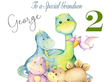 May include: Happy 2nd birthday to a special grandson, George! A colorful card with a green, blue, and purple dinosaur illustration.