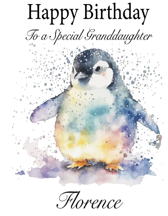 Personalised Birthday Card, Cute Penguin - Daughter, Granddaughter, Sister, Grandson, Brother, Son, Niece etc..