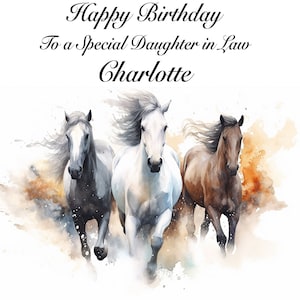 May include: A watercolour painting of three horses running through a field. The horses are white, grey, and brown. The background is a watercolour wash of orange and brown.