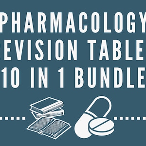 May include: A blue background with white text that reads "Pharmacology Revision Tables 10 in 1 Bundle". There are illustrations of a stack of books and a pill with a white background.
