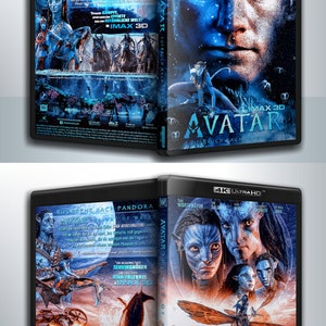 May include: Two Blu-ray disc cases for the movie Avatar: The Way of Water. The front cover of each case features a different image from the movie. The first case features a close-up of a blue alien with a human face. The second case features a group of blue aliens in a watery environment. Both cases feature the movie title and the 4K Ultra HD logo.