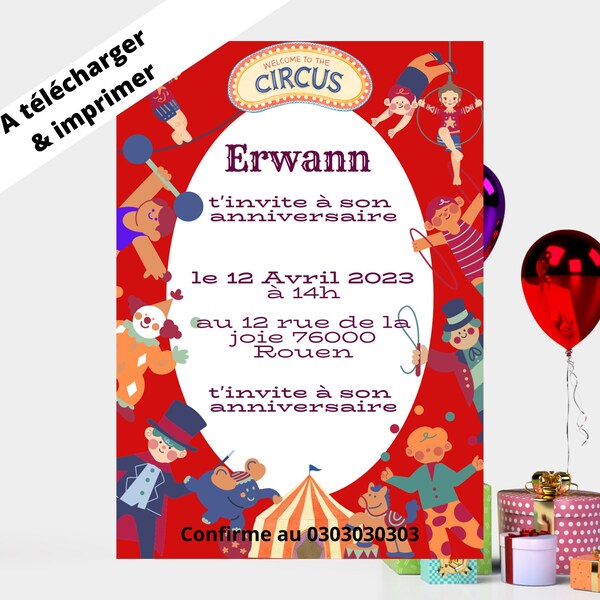 A IMPRIMER-invitation anniversaire enfants  invitation cirque-modèle digitale modifiable Canva