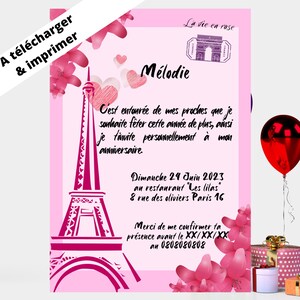 TÉLÉCHARGER et imprimer -faire part anniversaire adulte enfants paris la vie en rose -modèle digitale modifiable Canva
