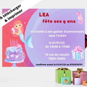 A IMPRIMER-invitation anniversaire fille thème sirène -modèle digitale modifiable Canva