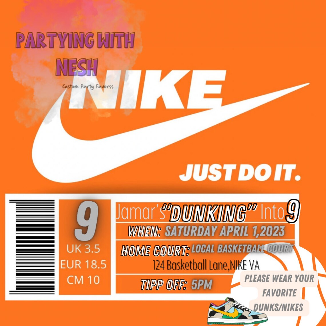 Nike Dunks Party Invitation Birthday Invitation Nike Party Etsy