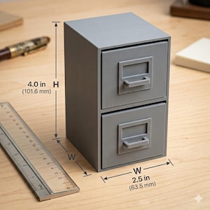 May include: A small, grey two-drawer filing cabinet. The cabinet measures 10.16 cm high and 6.35 cm wide. Each drawer has a rectangular handle. A ruler is positioned next to the cabinet.