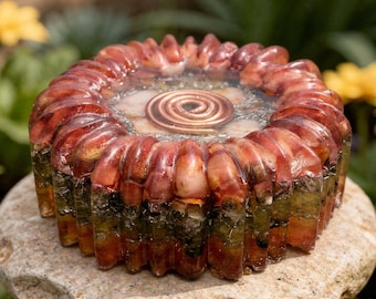Flor de Orgón Talla M · Burdeos y Plata · Espiral Cobre Expuesta · Generador Orgón · Fórmula Welz