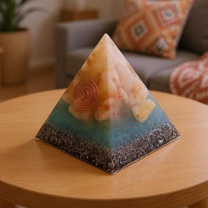 Puede incluir: Una pir&aacute;mide decorativa con un dise&ntilde;o de espiral de cobre. La pir&aacute;mide presenta un dise&ntilde;o en capas con una combinaci&oacute;n de colores azul, beige y negro. La pir&aacute;mide est&aacute; sobre una mesa de madera.