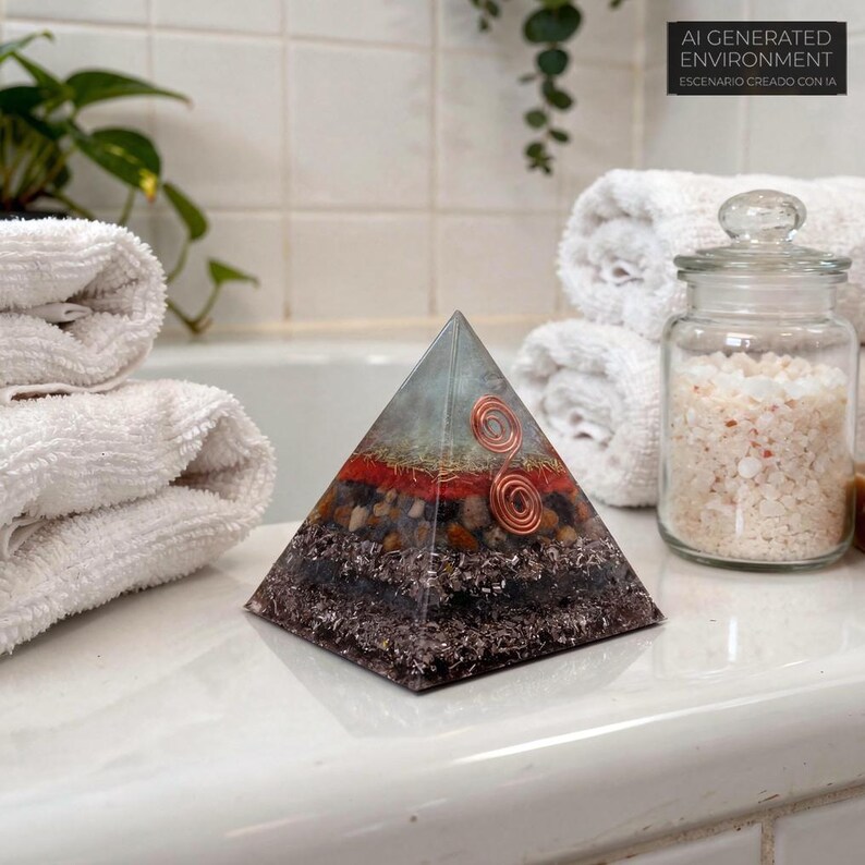 May include: A multi-layered pyramid with a clear top, red and brown layers, and copper wire accents. The pyramid sits on a white surface near rolled white towels and a jar of bath salts. The text "AI GENERATED ENVIRONMENT" is visible.