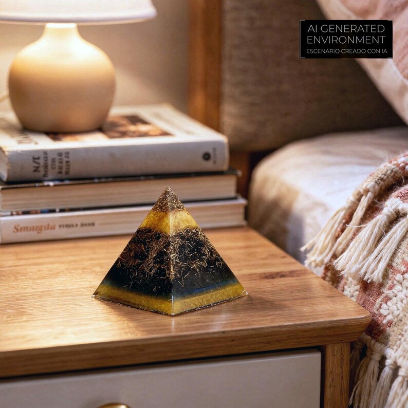 Puede incluir: Una pir&aacute;mide decorativa con un dise&ntilde;o en capas de negro, dorado y azul. La pir&aacute;mide est&aacute; sobre una mesita de noche de madera junto a una pila de libros y una l&aacute;mpara. El texto "AI GENERATED ENVIRONMENT" es visible en el fondo.
