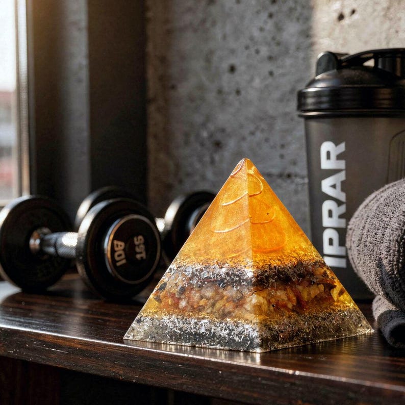 May include: A decorative pyramid with a layered design, featuring amber and brown tones, and embedded with various materials. The pyramid is on a wooden surface, with dumbbells and a water bottle in the background. The pyramid is approximately 4 inches tall.
