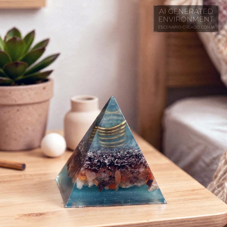 May include: A transparent pyramid sculpture with a blue-green base, featuring gold coils and embedded stones. The text "AI GENERATED ENVIRONMENT" is visible. The artwork is displayed on a wooden surface, with other decorative items nearby.