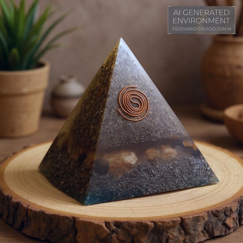 May include: A pyramid-shaped decorative object with a copper coil on the top. The pyramid is made of a translucent material with embedded stones and dark green elements. The base is set on a wooden slice. Text on the top right says "AI GENERATED ENVIRONMENT".