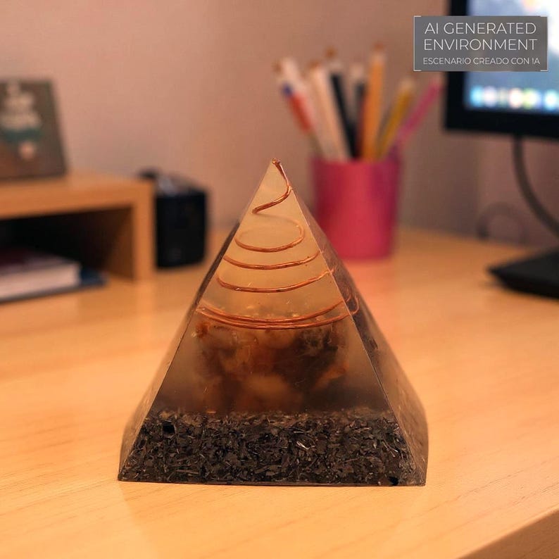 May include: A clear resin pyramid with a copper coil and embedded stones. The base is dark with a textured appearance. The text "AI GENERATED ENVIRONMENT" is visible in the background.