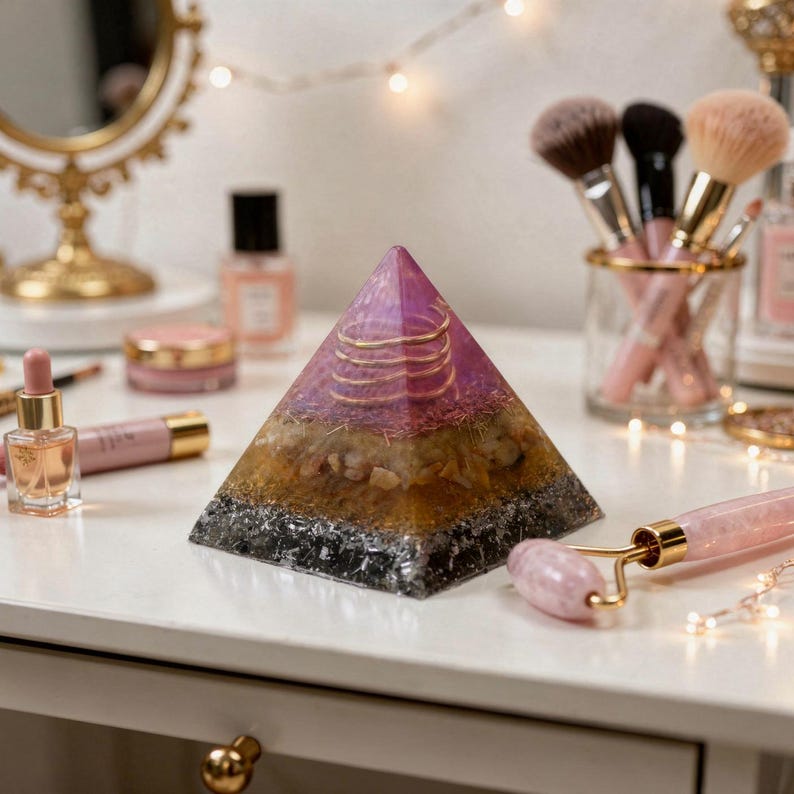 May include: A multi-layered pyramid with a purple top, gold wire accents, and a black base. The pyramid sits on a white surface with beauty products and a rose quartz face roller.