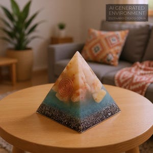 Puede incluir: Una pir&aacute;mide decorativa con un dise&ntilde;o en espiral de cobre y una composici&oacute;n en capas de materiales azules, beige y negros. La pir&aacute;mide est&aacute; sobre una mesa de madera. El texto de fondo dice "AI GENERATED ENVIRONMENT".