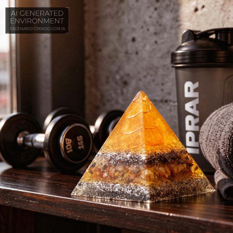 May include: A layered, amber-colored pyramid-shaped object with a textured surface. The pyramid sits on a wooden surface near dumbbells and a water bottle. The text "AI GENERATED ENVIRONMENT" is visible.