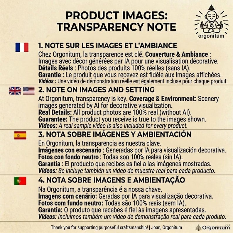 May include: Text on a white background with the title "PRODUCT IMAGES: TRANSPARENCY NOTE". The text is in English, French, Spanish, and Portuguese, explaining image details and guarantees. The Orgonitum logo is in the upper right corner.