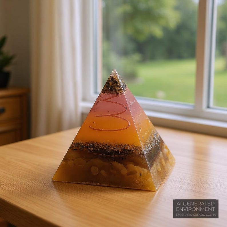 Peut inclure: Une sculpture pyramidale en couches avec un d&eacute;grad&eacute; de couleurs, dont le jaune, l'orange et le rose. La pyramide a un motif en spirale et est pos&eacute;e sur une surface en bois. Le texte "AI GENERATED ENVIRONMENT" est visible.